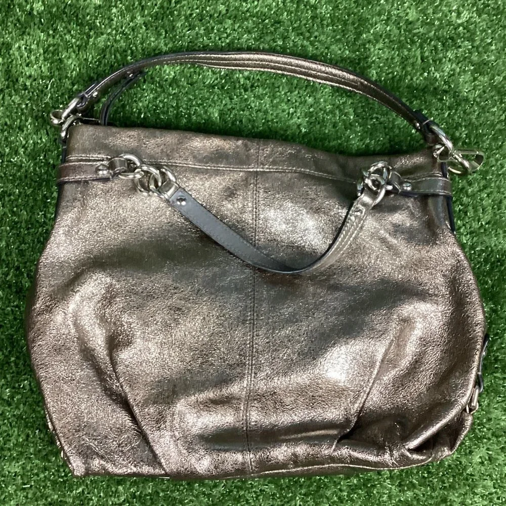 COACH Brooke Metallic Pewter Silver Patent Leather Hobo Purse